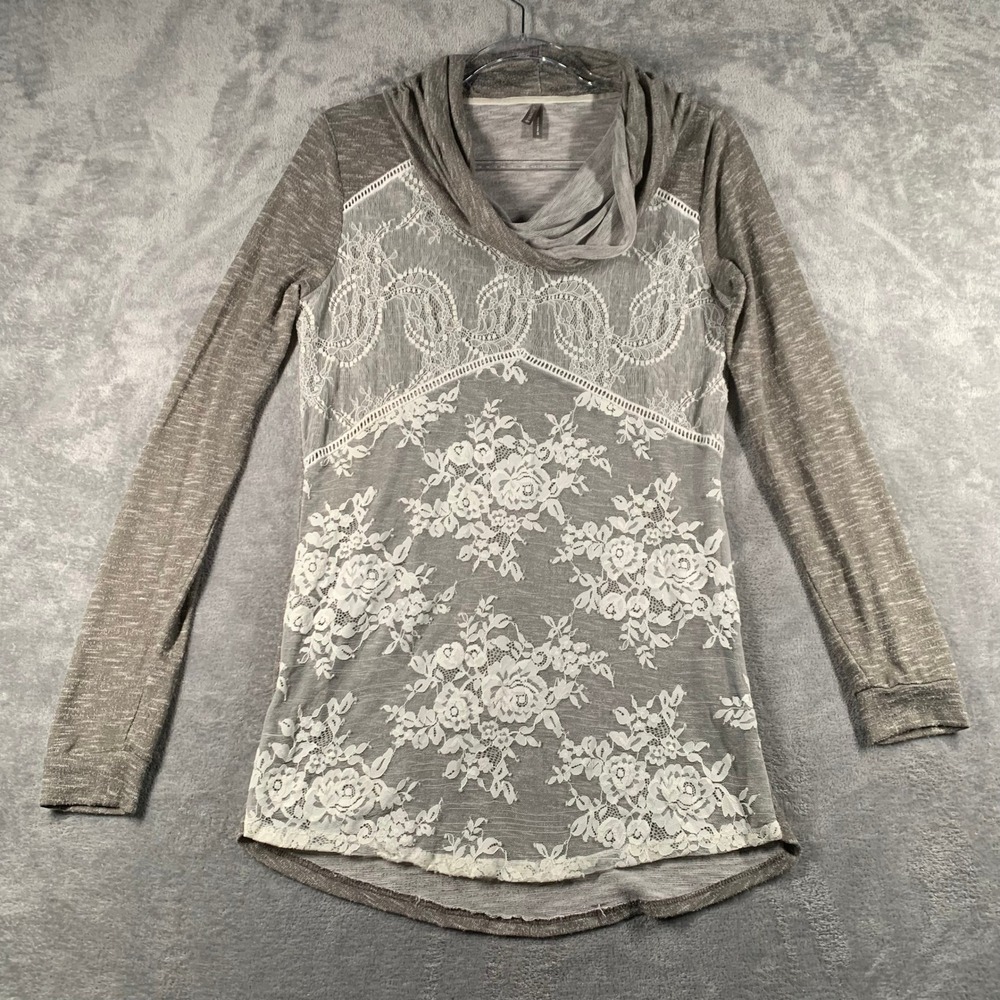 Vanity Gray Cowl Neck Long Sleeve Top with Floral Lace Women's Size Small